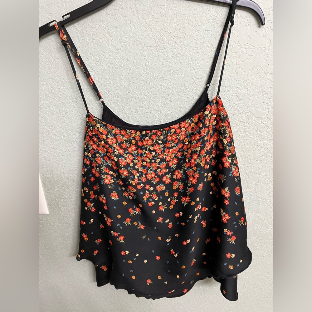 Free People Black Top with Red Floral Design